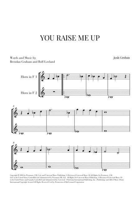 You Raise Me Up For 2 French Horns Sheet Music