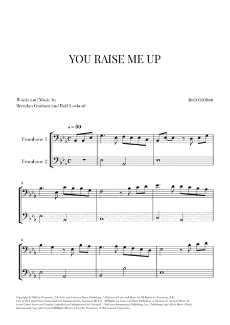 Free Sheet Music You Raise Me Up For 2 Trombones