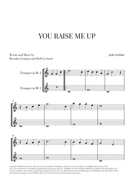 Free Sheet Music You Raise Me Up For 2 Trumpets Easy