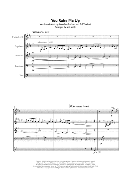 You Raise Me Up For Brass Quintet Sheet Music