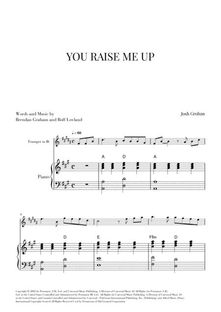 You Raise Me Up For Trumpet And Piano A Major Sheet Music