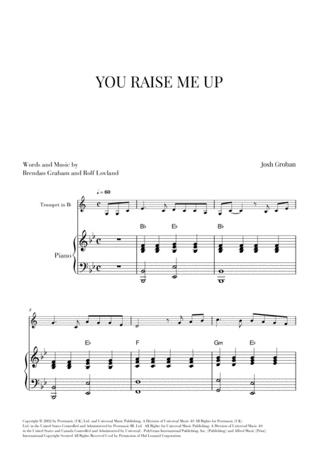 You Raise Me Up For Trumpet And Piano B Flat Major Sheet Music
