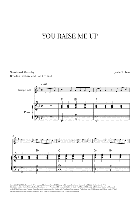 Free Sheet Music You Raise Me Up For Trumpet And Piano F Major