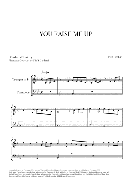 You Raise Me Up For Trumpet And Trombone Sheet Music