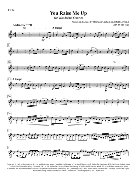 You Raise Me Up For Woodwind Quartet Sheet Music