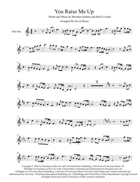 Free Sheet Music You Raise Me Up Original Key Alto Sax