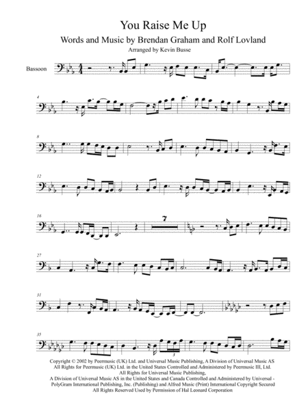 Free Sheet Music You Raise Me Up Original Key Bassoon