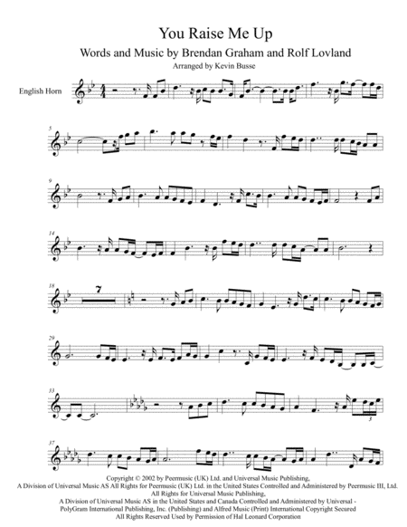 Free Sheet Music You Raise Me Up Original Key English Horn