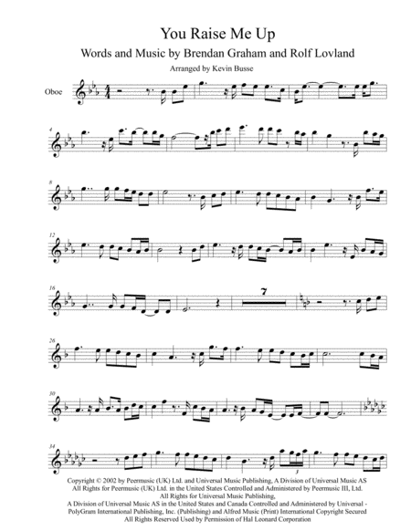 Free Sheet Music You Raise Me Up Original Key Oboe