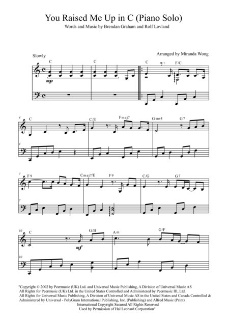 You Raise Me Up Piano Solo In C Key Gosh Groban Sheet Music