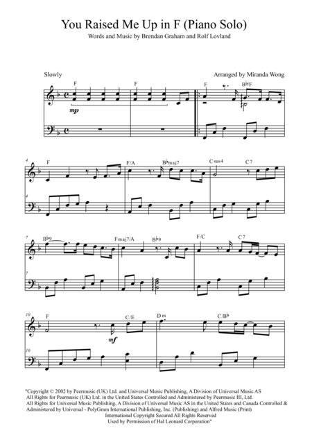 You Raise Me Up Piano Solo In F Key Josh Groban Sheet Music