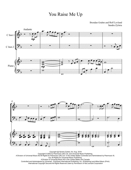 Free Sheet Music You Raise Me Up Treble Bass C Instrument Duet