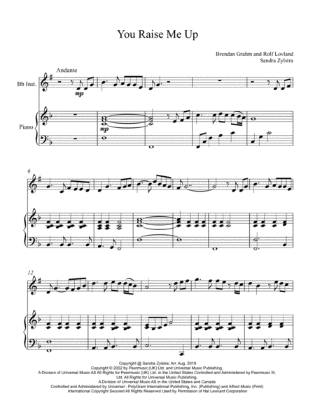 You Raise Me Up Treble Bb Isntrument Solo Sheet Music