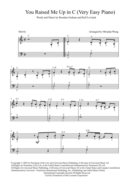 Free Sheet Music You Raise Me Up Very Easy Piano Solo In C Key With Fingerings