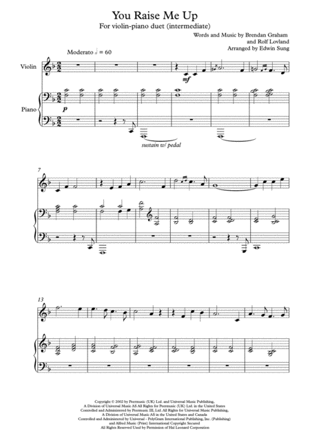 You Raise Me Up Violin And Piano Intermediate W Part Scores Sheet Music