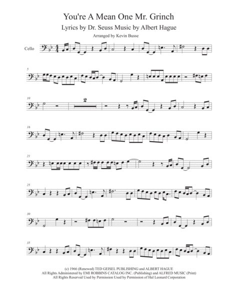 You Re A Mean One Mr Grinch Cello Sheet Music