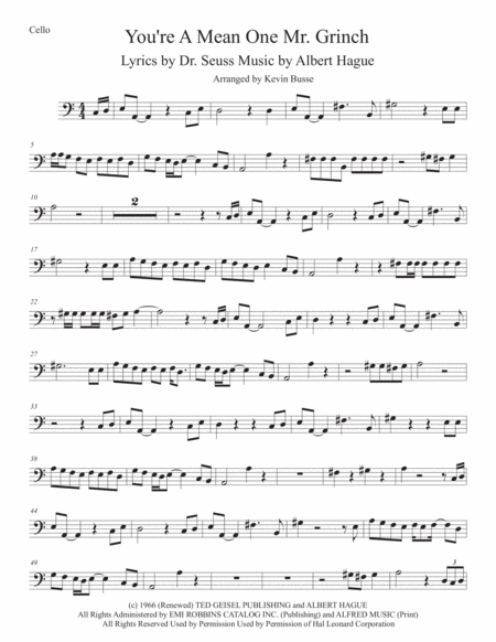 You Re A Mean One Mr Grinch Easy Key Of C Cello Sheet Music