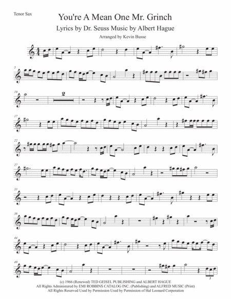 You Re A Mean One Mr Grinch Easy Key Of C Tenor Sax Sheet Music