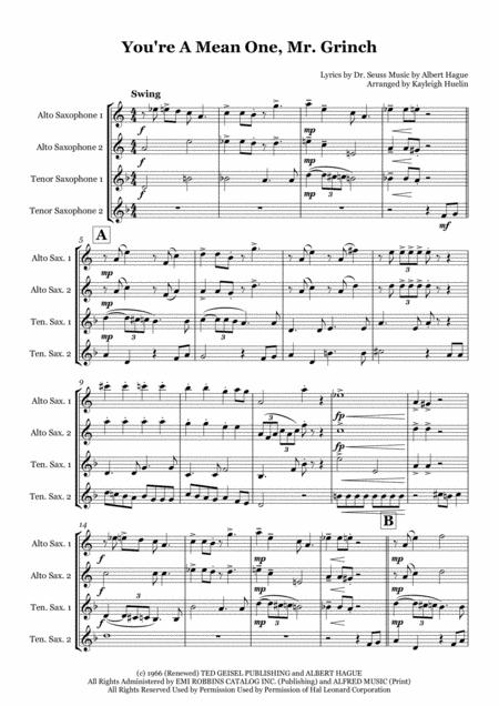 Free Sheet Music You Re A Mean One Mr Grinch From The Grinch That Stole Christmas Saxophone Quartet Aatt