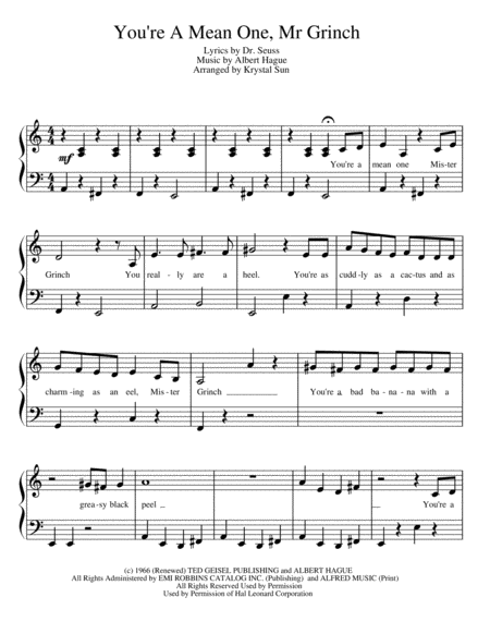Free Sheet Music You Re A Mean One Mr Grinch Verse 1 And 2