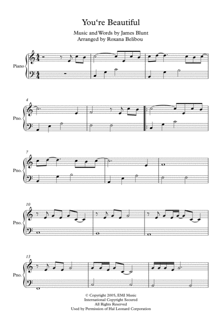 Free Sheet Music You Re Beautiful C Major By James Blunt Easy Piano