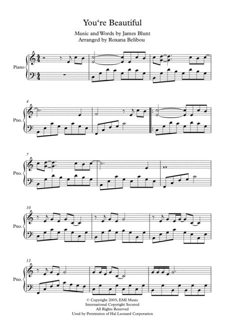 You Re Beautiful C Major By James Blunt Piano Sheet Music