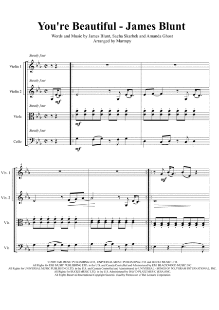 You Re Beautiful James Blunt Arranged For String Quartet Sheet Music