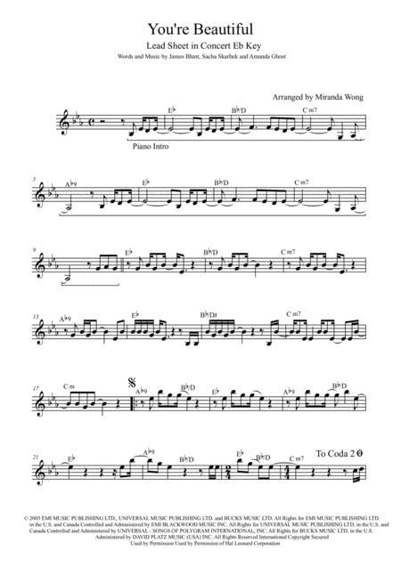 You Re Beautiful Lead Sheet In Published Eb F And C Key With Chords Sheet Music