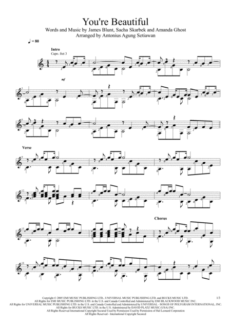 Free Sheet Music You Re Beautiful Solo Guitar Score