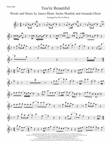 You Re Beautiful Tenor Sax Original Key Sheet Music