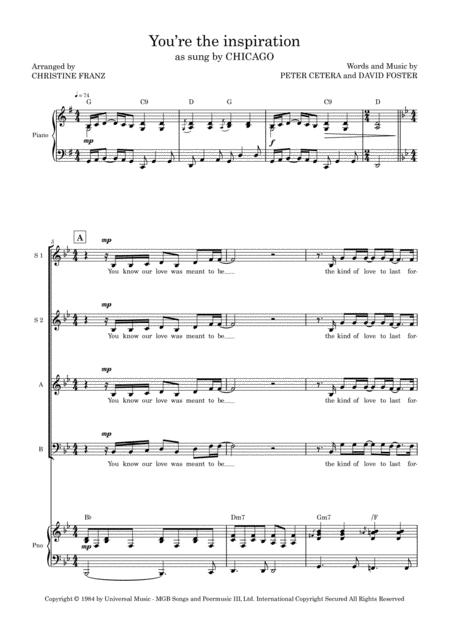 You Re The Inspiration Ssab With Piano Sheet Music