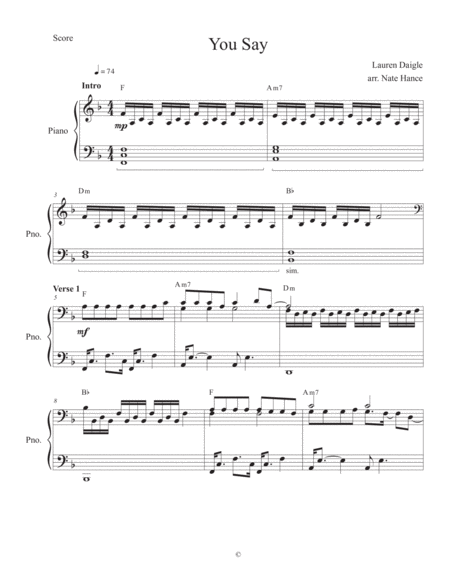 You Say Intermediate Piano Arrangement Sheet Music