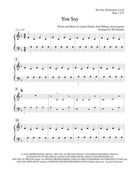 You Say Lauren Daigle Very Easy Piano Solo Late Elementary Level Sheet Music