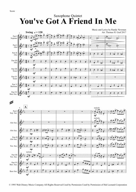 You Ve Got A Friend In Me Db Toy Story Saxophone Quintet Sheet Music