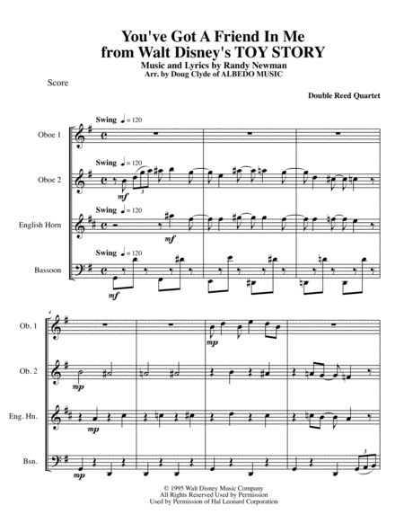 You Ve Got A Friend In Me From Walt Disneys Toy Story For Double Reed Quartet Sheet Music