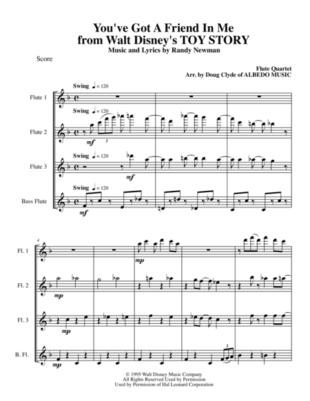 You Ve Got A Friend In Me From Walt Disneys Toy Story For Flute Quartet Sheet Music