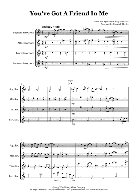 You Ve Got A Friend In Me Saxophone Quartet Satb Sheet Music