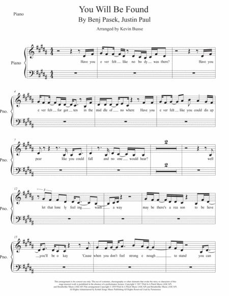 You Will Be Found Easy Key Of C Piano Sheet Music