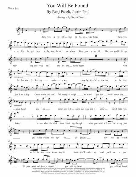 Free Sheet Music You Will Be Found Easy Key Of C Tenor Sax