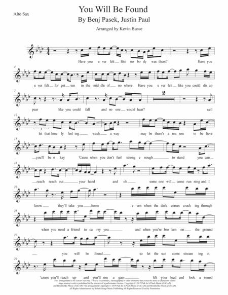 Free Sheet Music You Will Be Found Original Key Alto Sax