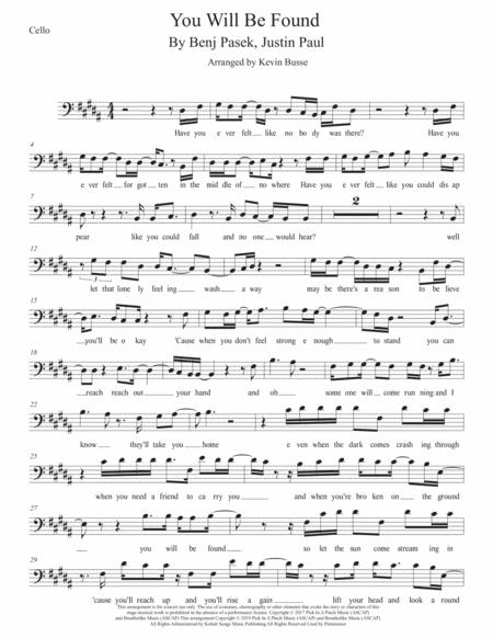 You Will Be Found Original Key Cello Sheet Music