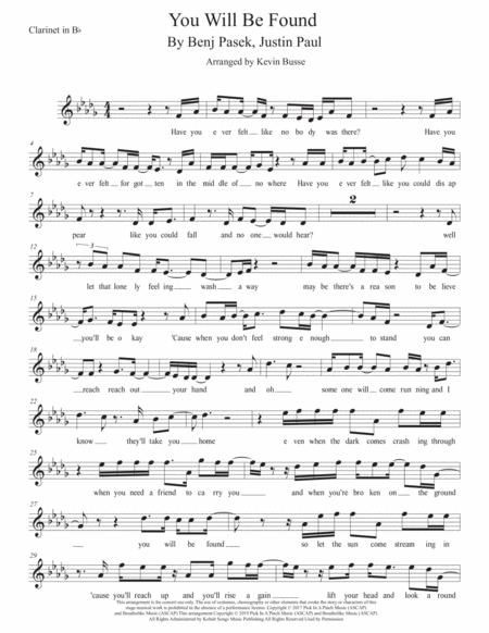 You Will Be Found Original Key Clarinet Sheet Music