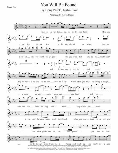 Free Sheet Music You Will Be Found Original Key Tenor Sax