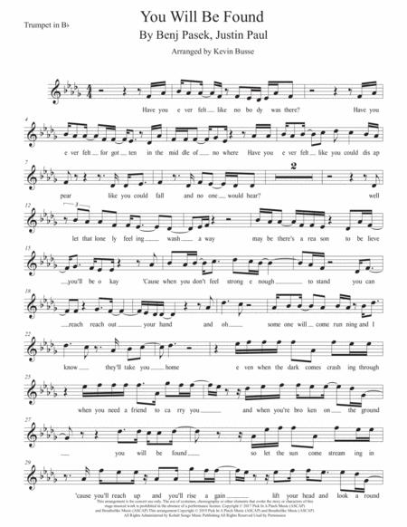 You Will Be Found Original Key Trumpet Sheet Music