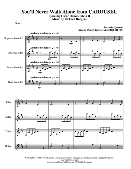 Free Sheet Music You Will Never Walk Alone From Carousel For Recorder Quartet