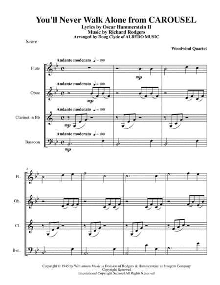 Free Sheet Music You Will Never Walk Alone From Carousel For Woodwind Quartet