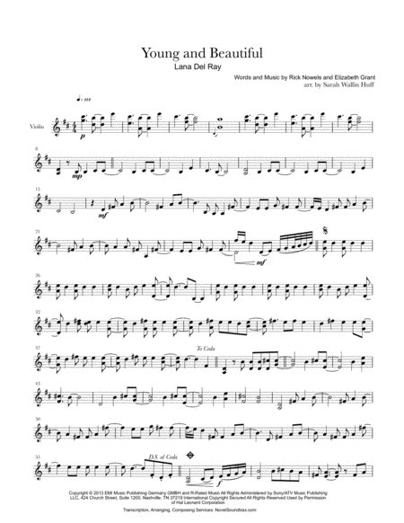 Young And Beautiful For Violin Solo Sheet Music