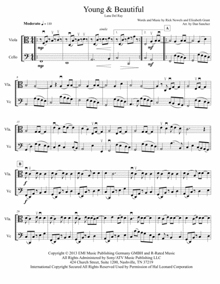 Young And Beautiful Viola Cello Duet Sheet Music