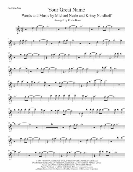 Your Great Name Original Key Soprano Sax Sheet Music