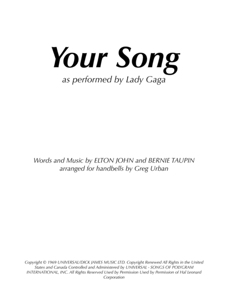 Your Song As Performed By Lady Gaga Elton John Bernie Taupin Sheet Music